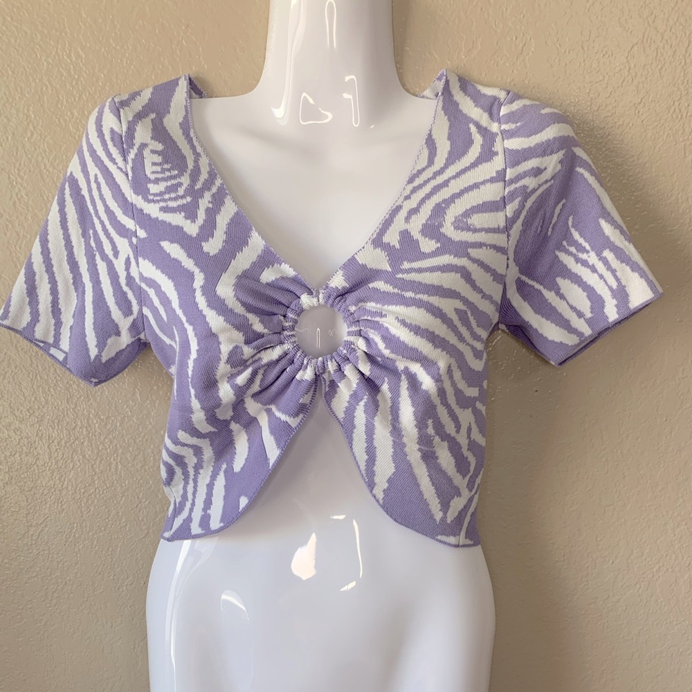 Lizette Collection Purple White Zebra Print Boho Festival Crop Top Size M